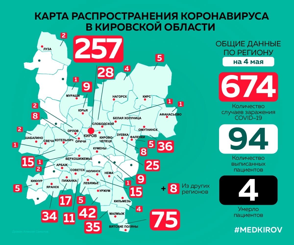 Карта: коронавирус пришел еще в два района Кировской области